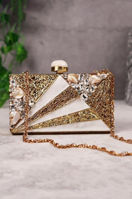 Buy_The Tan Clan_Gold Crystals, Pearls Iqra Mother Of Embellished Clutch _Online_at_Aza_Fashions