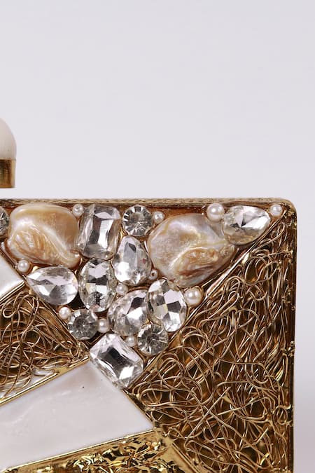 Shop_The Tan Clan_Gold Crystals, Pearls Iqra Mother Of Embellished Clutch _Online_at_Aza_Fashions