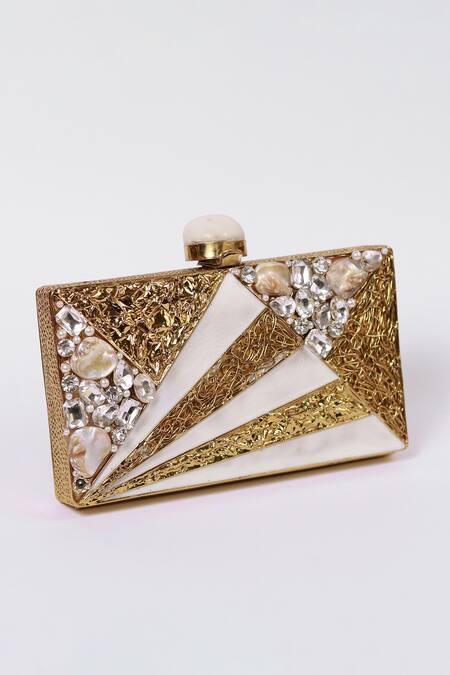 The Tan Clan_Gold Crystals, Pearls Iqra Mother Of Embellished Clutch _at_Aza_Fashions