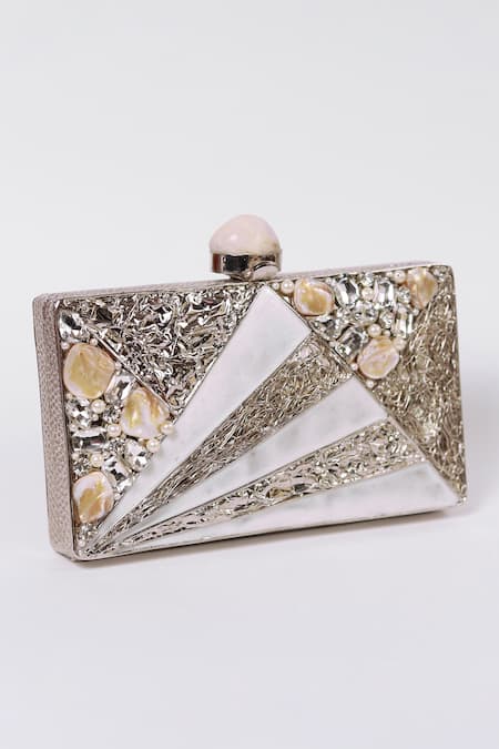 Shop_The Tan Clan_Silver Crystals, Stones, Pearls Iqra Embellished Clutch _at_Aza_Fashions