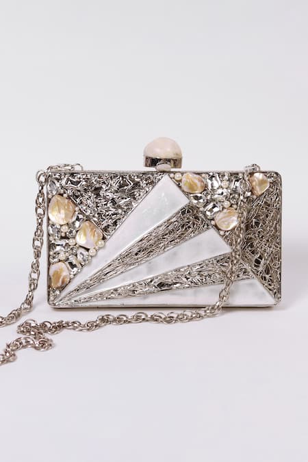 The Tan Clan_Silver Crystals, Stones, Pearls Iqra Embellished Clutch _Online_at_Aza_Fashions