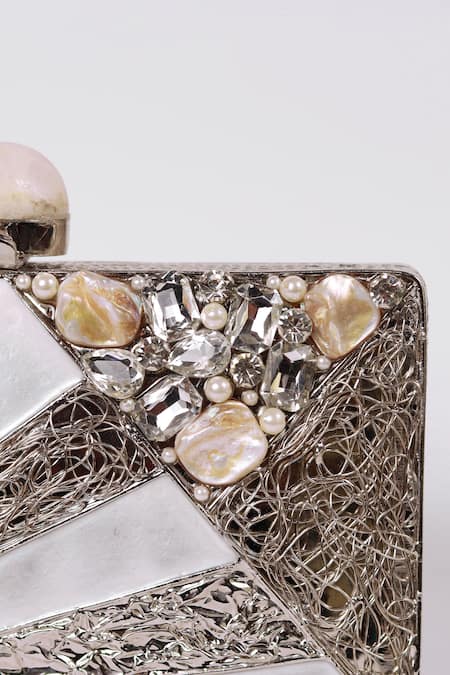 Buy_The Tan Clan_Silver Crystals, Stones, Pearls Iqra Embellished Clutch _Online_at_Aza_Fashions