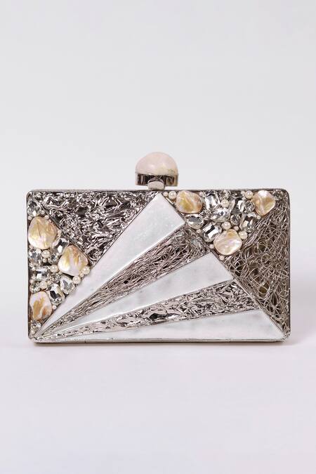 Shop_The Tan Clan_Silver Crystals, Stones, Pearls Iqra Embellished Clutch _Online_at_Aza_Fashions