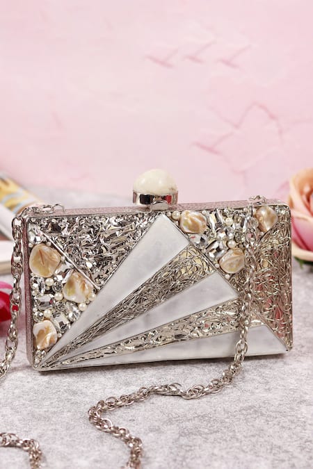 The Tan Clan_Silver Crystals, Stones, Pearls Iqra Embellished Clutch _at_Aza_Fashions