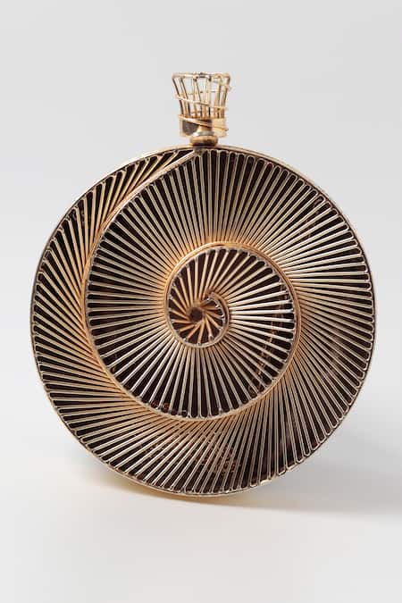 The Tan Clan_Gold Metallic Thread Isha Brass Wirework Clutch _Online_at_Aza_Fashions