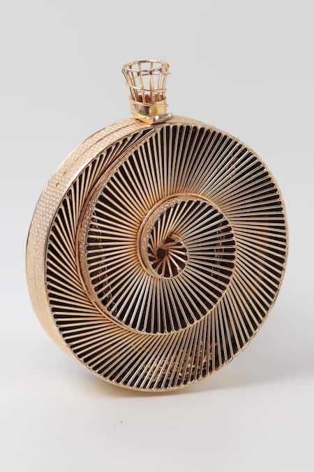 Buy_The Tan Clan_Gold Metallic Thread Isha Brass Wirework Clutch _Online_at_Aza_Fashions