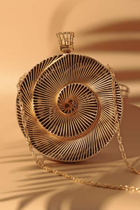 Shop_The Tan Clan_Gold Metallic Thread Isha Brass Wirework Clutch _Online_at_Aza_Fashions