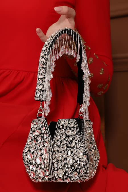 The Tan Clan_Black Crystals Jhalak Embellished Potli Bag _Online_at_Aza_Fashions