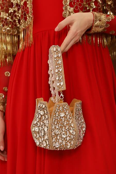 The Tan Clan_Gold Embellished Jhalak Crystal Potli Bag With Handle _Online_at_Aza_Fashions