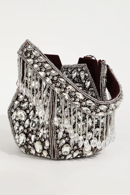 Buy_The Tan Clan_Maroon Embellished Jhalak Stone Potli Bag With Handle _Online_at_Aza_Fashions