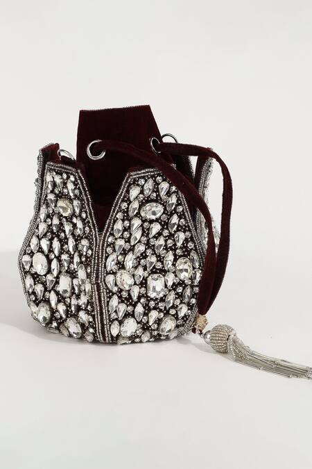 Shop_The Tan Clan_Maroon Embellished Jhalak Stone Potli Bag With Handle _Online_at_Aza_Fashions