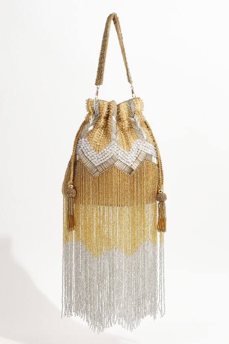Buy_The Tan Clan_Gold Embellished Jhoomar Bead Potli Bag With Handle _Online_at_Aza_Fashions