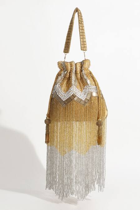 Shop_The Tan Clan_Gold Embellished Jhoomar Bead Potli Bag With Handle _Online_at_Aza_Fashions