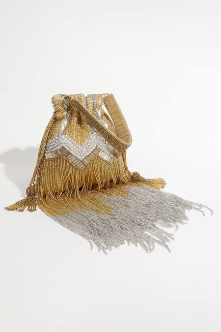 The Tan Clan_Gold Embellished Jhoomar Bead Potli Bag With Handle _at_Aza_Fashions