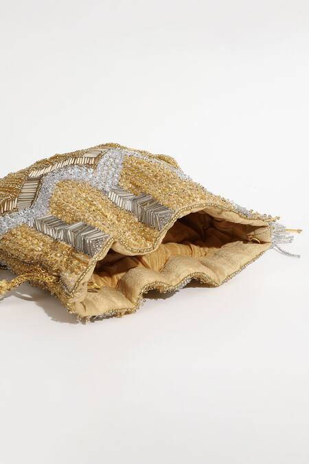 Buy_The Tan Clan_Gold Embellished Jhoomar Bead Potli Bag With Handle 