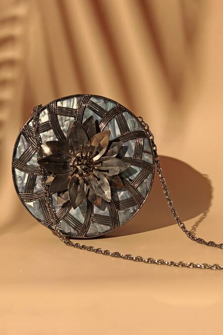 Shop_The Tan Clan_Black Fabric Flowers Laila 3d Floral Clutch Bag _Online_at_Aza_Fashions