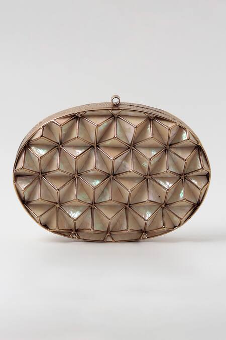 The Tan Clan_Gold Cut Work Maya Mother Of Pearl Clutch Bag _Online_at_Aza_Fashions
