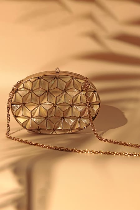 Shop_The Tan Clan_Gold Cut Work Maya Mother Of Pearl Clutch Bag _Online_at_Aza_Fashions