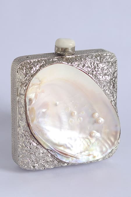 The Tan Clan_Silver Crystals Mumtaz Mother Of Pearl Clutch _at_Aza_Fashions