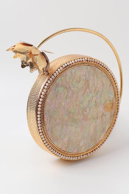 The Tan Clan_Gold Embroidery, Pearls Naaz Embellished Mother Of Clutch Bag _Online_at_Aza_Fashions