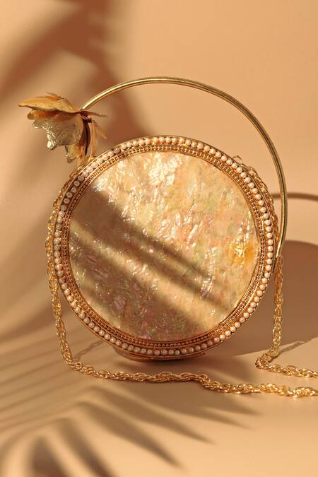 Shop_The Tan Clan_Gold Embroidery, Pearls Naaz Embellished Mother Of Clutch Bag _Online_at_Aza_Fashions