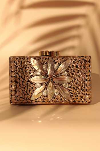 The Tan Clan Gold Embroidery, Crystals Nadia Embellished Mother Of Pearl Clutch Online at Aza Fashions The Tan Clan_Gold Embroidery, Crystals Nadia Embellished Mother Of Pearl Clutch _Online_at_Aza_Fashions