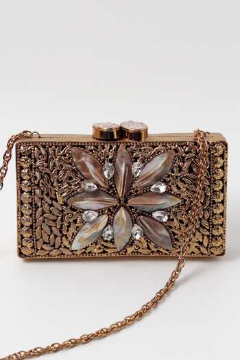 Shop The Tan Clan Gold Embroidery, Crystals Nadia Embellished Mother Of Pearl Clutch Online at Aza Fashions Shop_The Tan Clan_Gold Embroidery, Crystals Nadia Embellished Mother Of Pearl Clutch _Online_at_Aza_Fashions