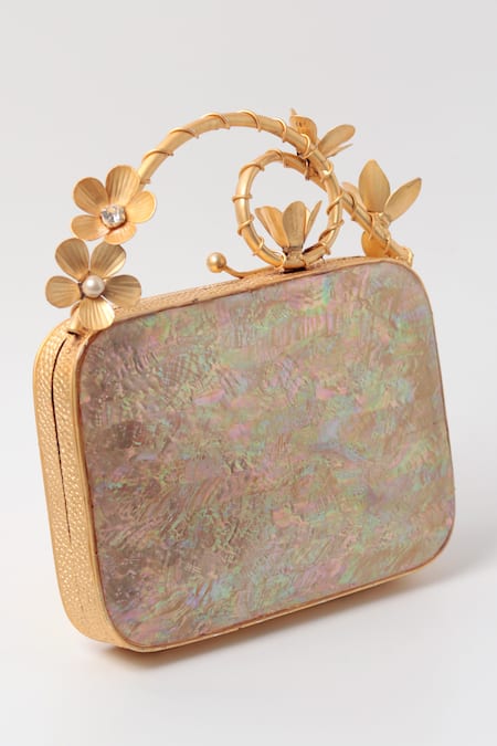 Buy_The Tan Clan_Gold Brooches Naira Mother Of Pearl Clutch _Online_at_Aza_Fashions