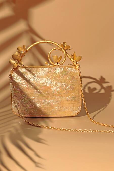 Shop_The Tan Clan_Gold Brooches Naira Mother Of Pearl Clutch _Online_at_Aza_Fashions