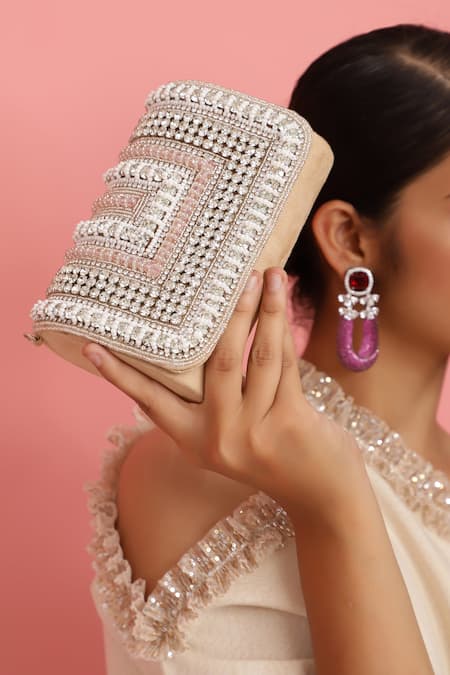 The Tan Clan_Beige Embellished Nysa Clutch _Online_at_Aza_Fashions