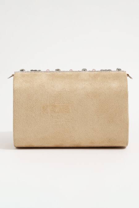 The Tan Clan_Beige Embellished Nysa Clutch _at_Aza_Fashions