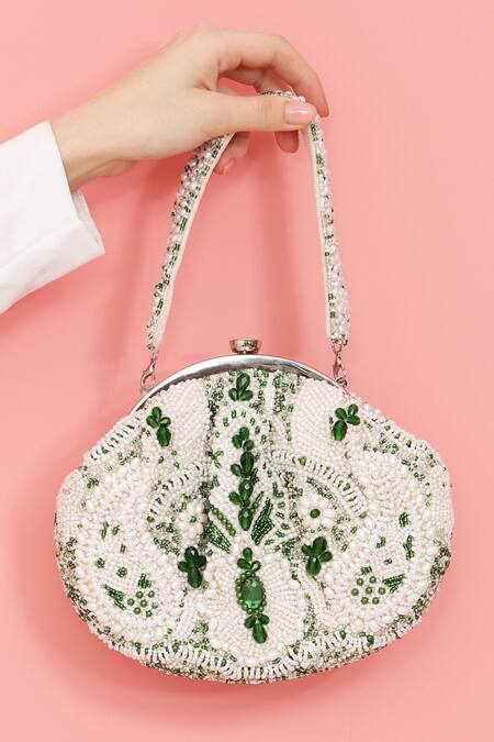 The Tan Clan_White Beads, Pearls, Cut Work Paak Embellished Potli Bag _Online_at_Aza_Fashions