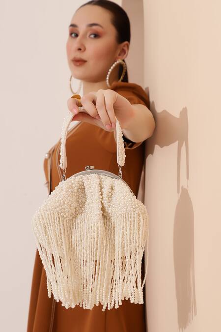 The Tan Clan_White Pearls Hand Embroidered Potli Bag _Online_at_Aza_Fashions
