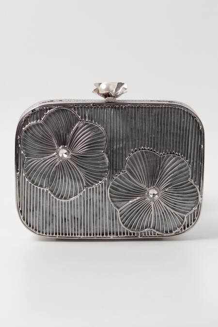 The Tan Clan_Silver Embroidery Reema Floral Ornamented Clutch _Online_at_Aza_Fashions
