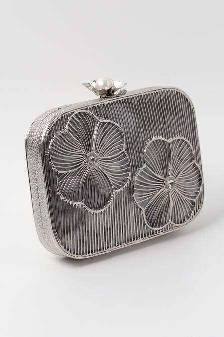 Buy_The Tan Clan_Silver Embroidery Reema Floral Ornamented Clutch _Online_at_Aza_Fashions