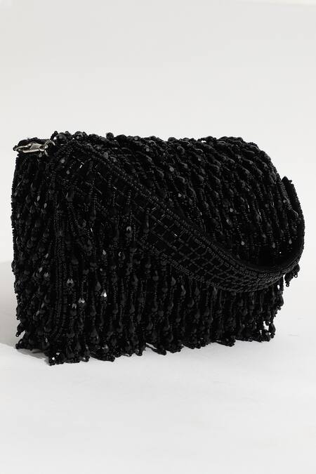 Buy_The Tan Clan_Black Beads Rosa Embellished Flap Over Clutch _Online_at_Aza_Fashions