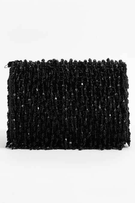 Shop_The Tan Clan_Black Beads Rosa Embellished Flap Over Clutch _Online_at_Aza_Fashions