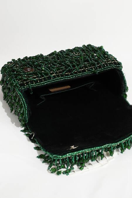 Shop_The Tan Clan_Green Beads Rosa Flap Over Clutch _Online_at_Aza_Fashions