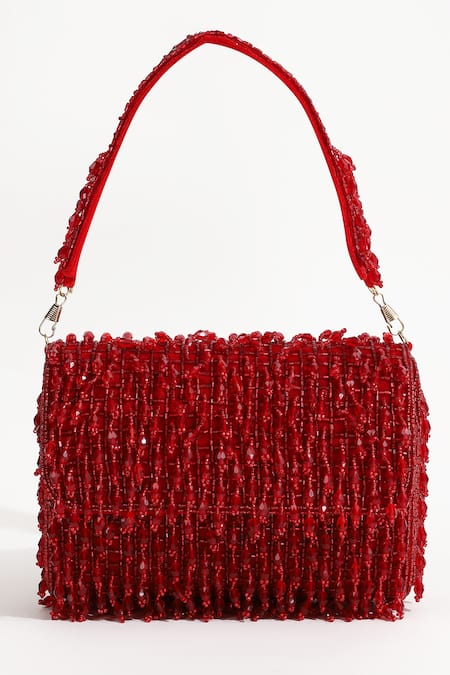 Shop_The Tan Clan_Red Beads, Embroidery Rosa Stone Embellished Flap Over Clutch _Online_at_Aza_Fashions