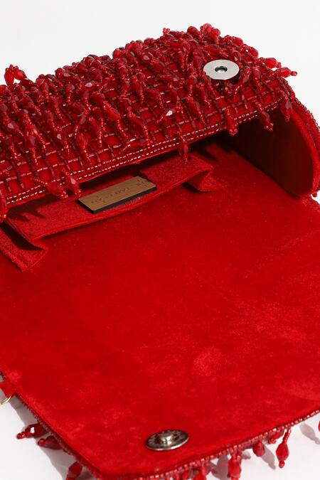 The Tan Clan_Red Beads, Embroidery Rosa Stone Embellished Flap Over Clutch _at_Aza_Fashions