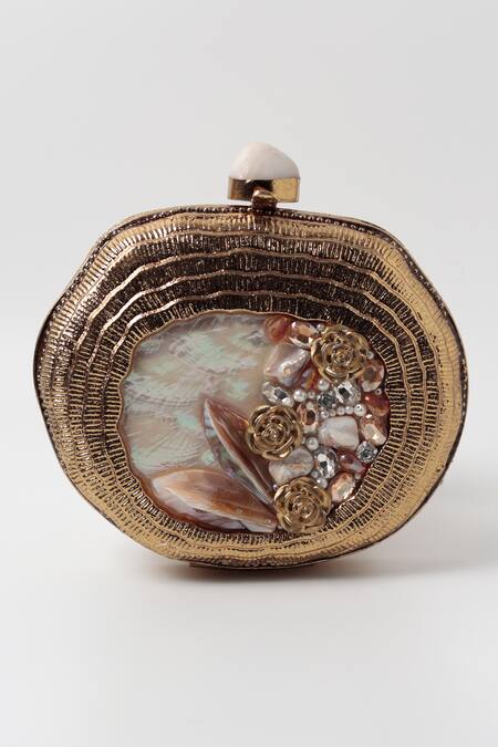 The Tan Clan_Gold Crystals Sana Mother Of Pearl Embellished Clutch _Online_at_Aza_Fashions