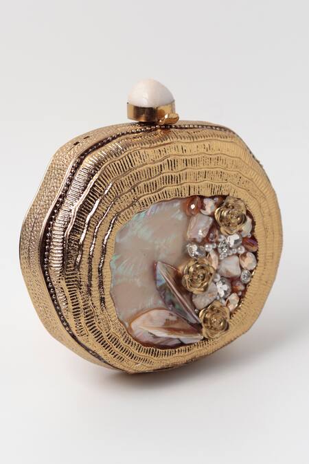 Buy_The Tan Clan_Gold Crystals Sana Mother Of Pearl Embellished Clutch _Online_at_Aza_Fashions