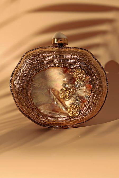 Shop_The Tan Clan_Gold Crystals Sana Mother Of Pearl Embellished Clutch _Online_at_Aza_Fashions