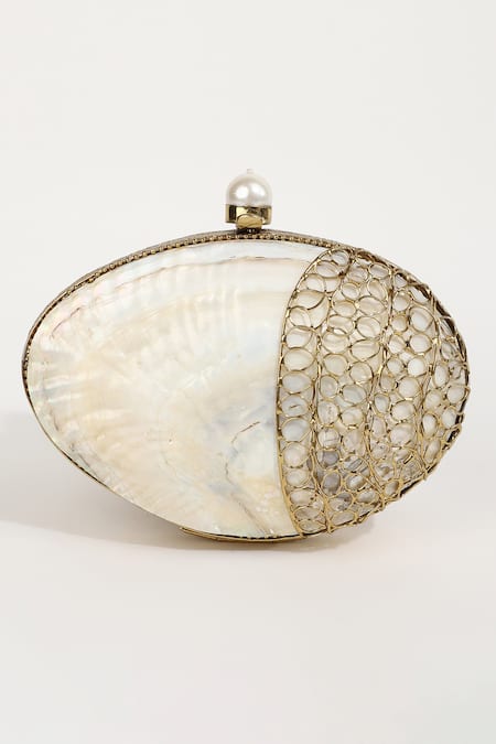 The Tan Clan Gold Mother Of Pearl Seep Embellished Clutch 