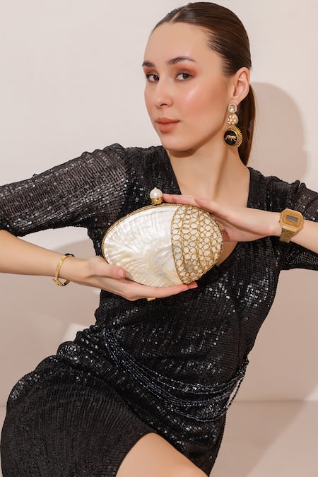 Buy_The Tan Clan_Gold Mother Of Pearl Seep Embellished Clutch _Online_at_Aza_Fashions