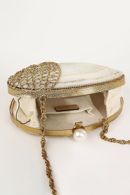 The Tan Clan_Gold Mother Of Pearl Seep Embellished Clutch _at_Aza_Fashions