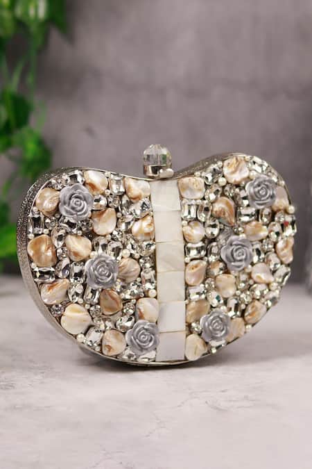 Shop The Tan Clan Silver Embroidery Seher Embellished Brass Clutch at Aza Fashions Shop_The Tan Clan_Silver Embroidery Seher Embellished Brass Clutch _at_Aza_Fashions