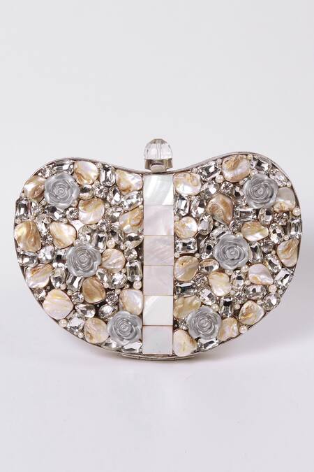 The Tan Clan Silver Embroidery Seher Embellished Brass Clutch Online at Aza Fashions The Tan Clan_Silver Embroidery Seher Embellished Brass Clutch _Online_at_Aza_Fashions