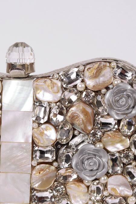 The Tan Clan Silver Embroidery Seher Embellished Brass Clutch at Aza Fashions The Tan Clan_Silver Embroidery Seher Embellished Brass Clutch _at_Aza_Fashions