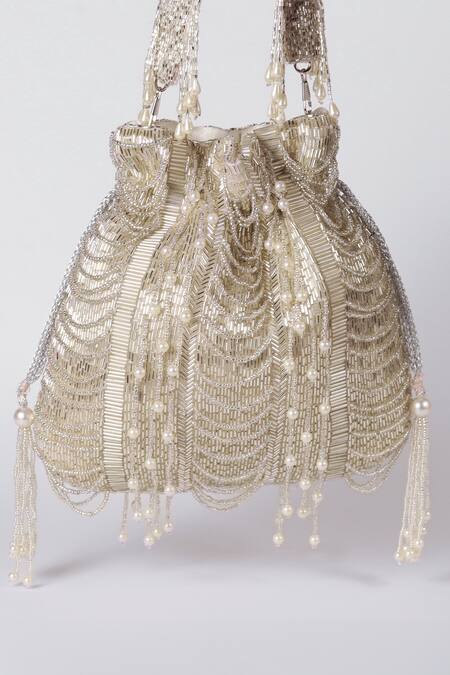 The Tan Clan White Pearls, Beads Sharda Embellished Potli Online at Aza Fashions The Tan Clan_White Pearls, Beads Sharda Embellished Potli _Online_at_Aza_Fashions